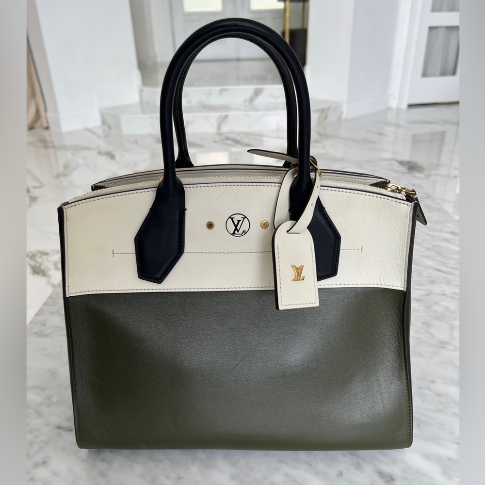 Louis Vuitton Green and Cream Satchel Bag